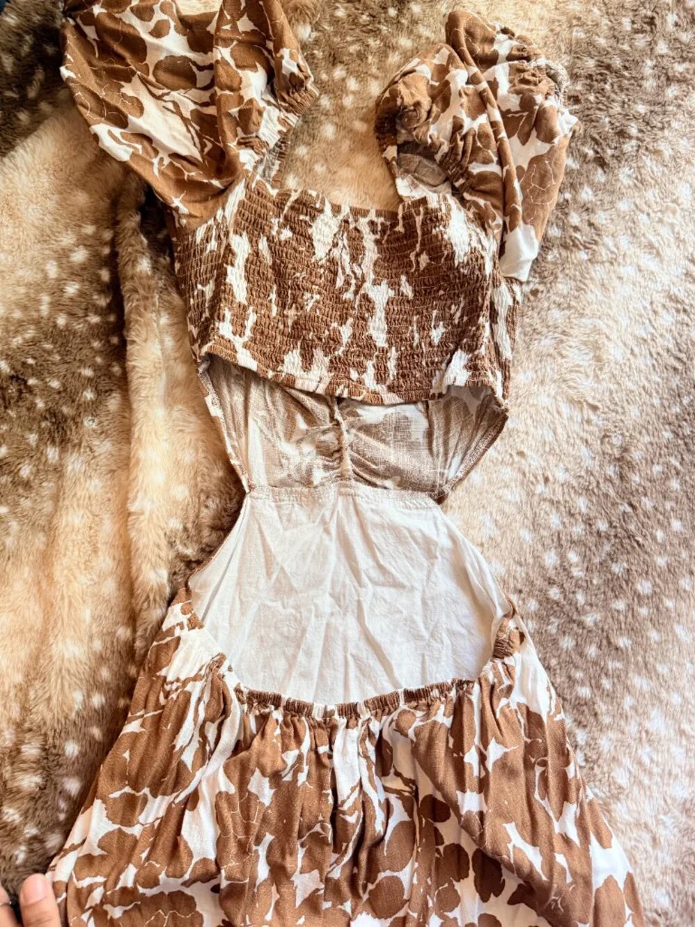 S Brown White Floral Puff Sleeve Cutout Mini Dress